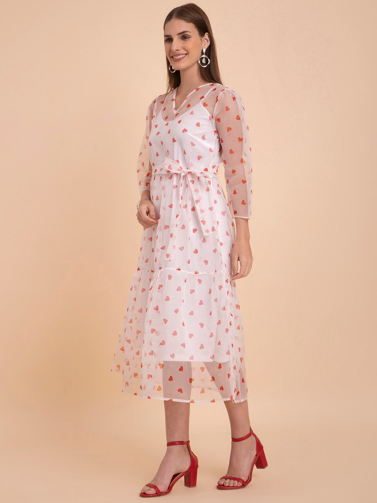 Organza Heart Print Tier Dress - White And Red