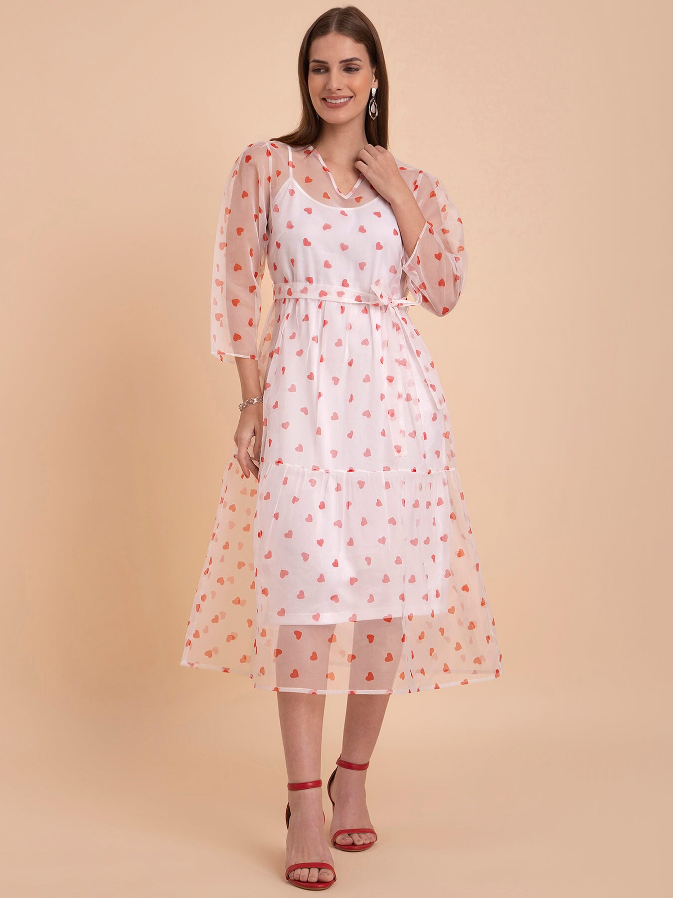 Organza Heart Print Tier Dress - White And Red