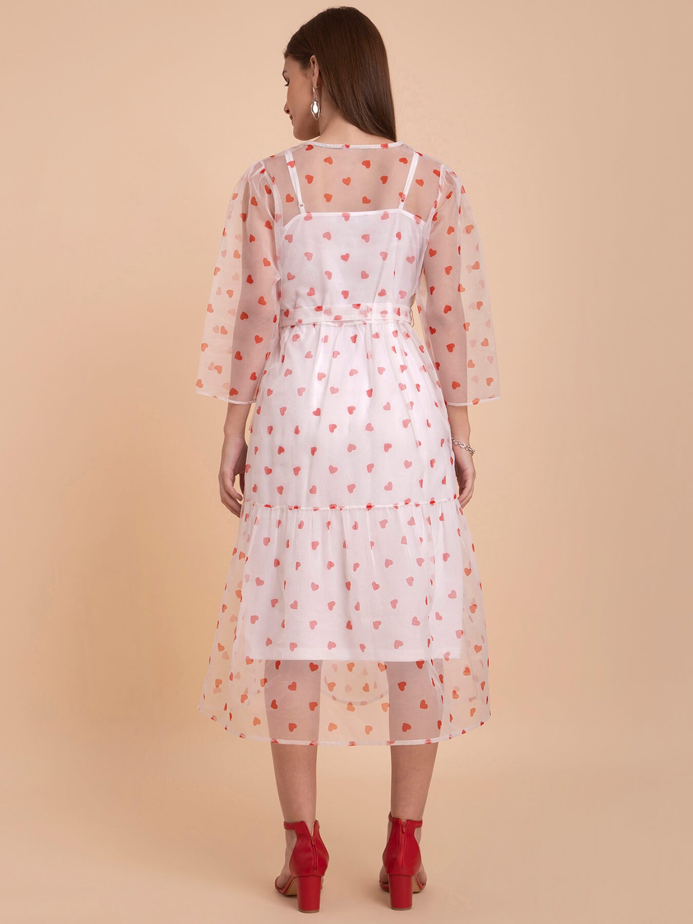 Organza Heart Print Tier Dress - White And Red