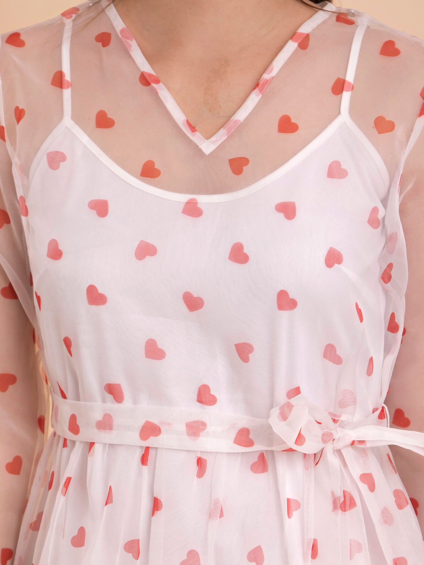 Organza Heart Print Tier Dress - White And Red