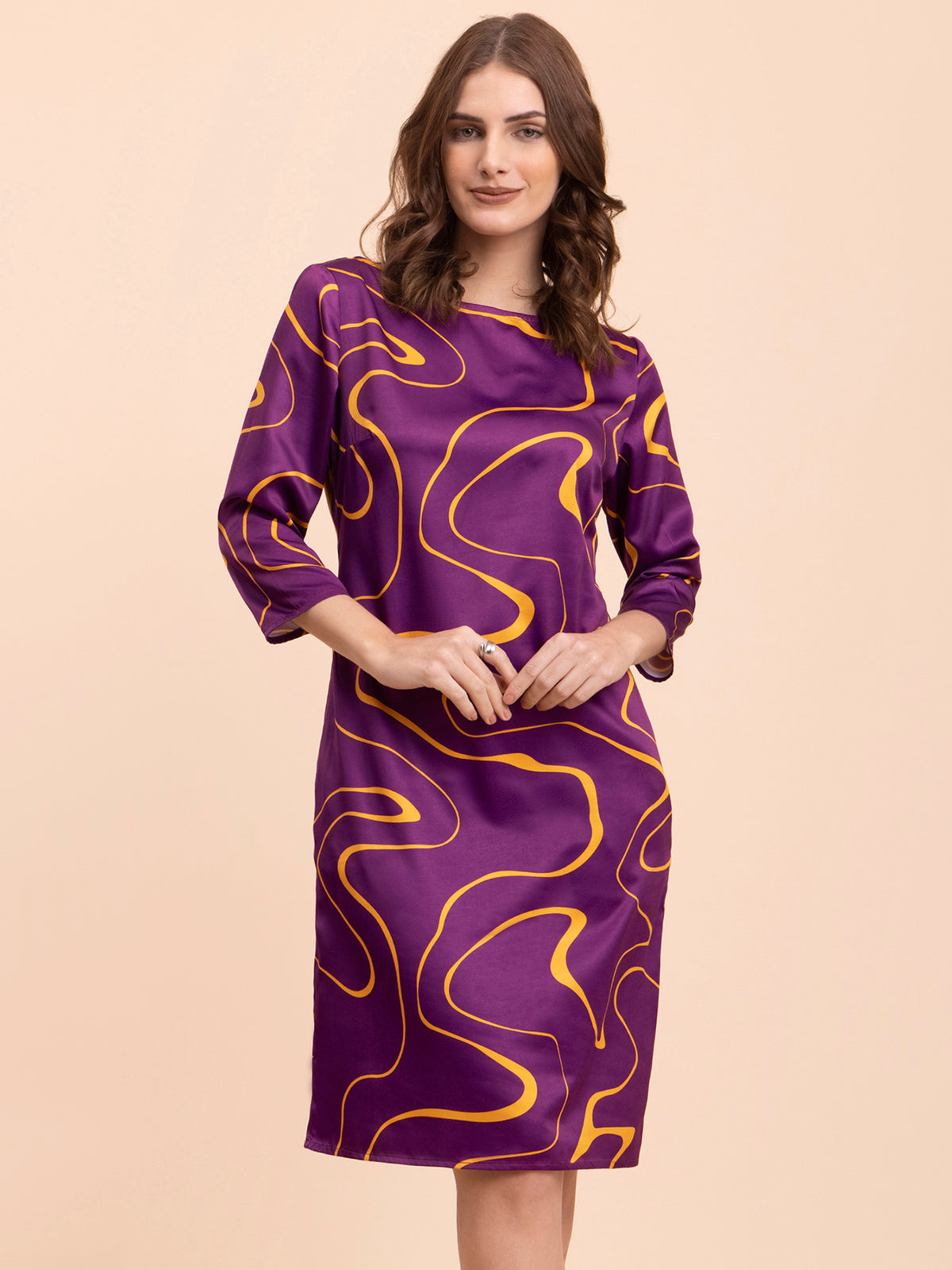 Satin Abstract Print Shift Dress - Purple and Yellow