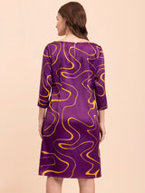 Satin Abstract Print Shift Dress - Purple and Yellow