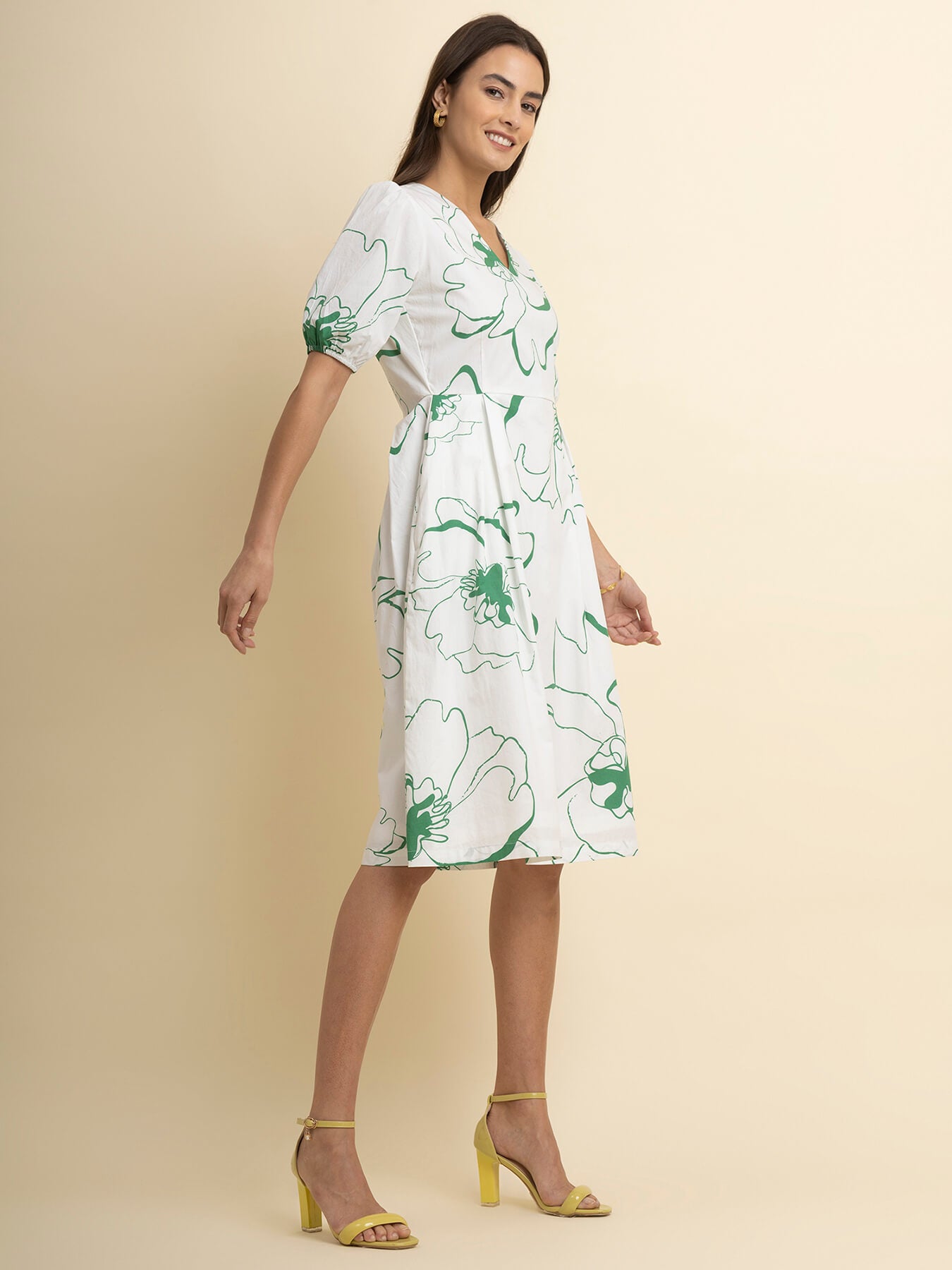 Cotton Floral Print Dress - White And Green
