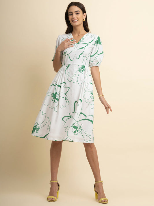Cotton Floral Print Dress - White And Green