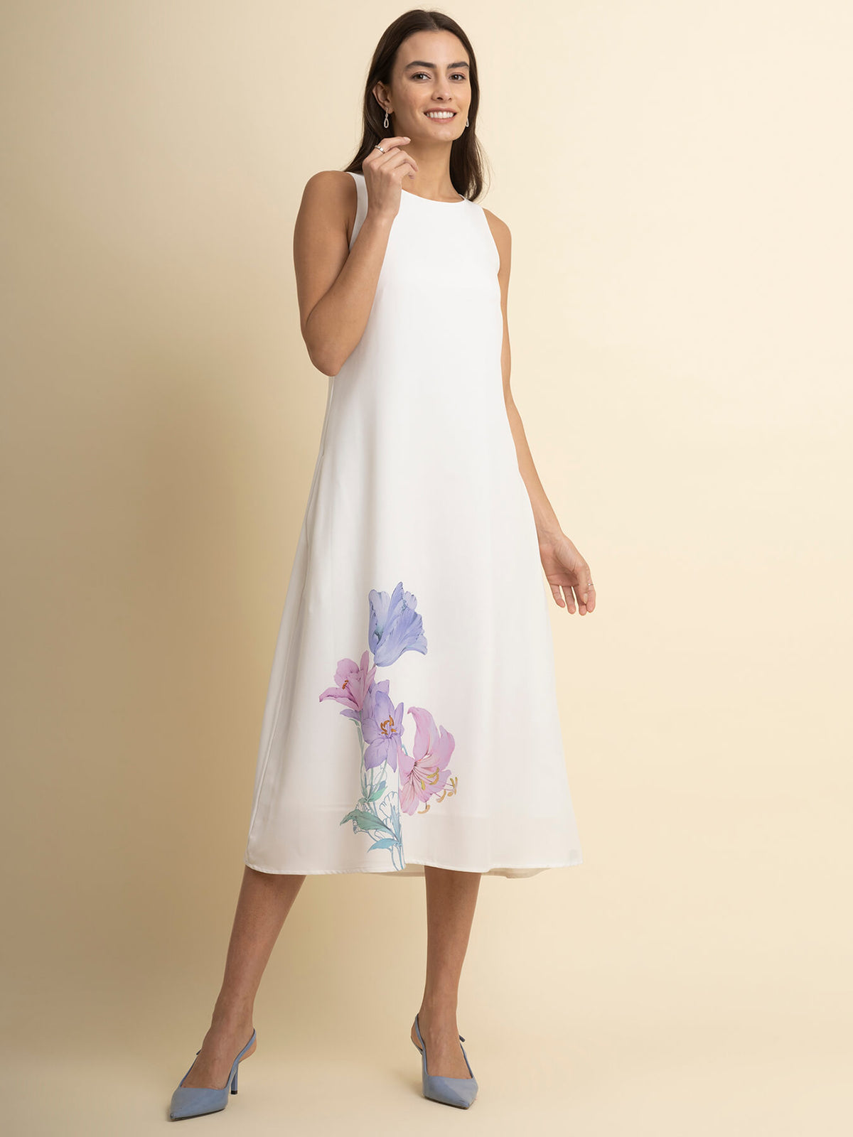 Floral Print A-Line Dress - White