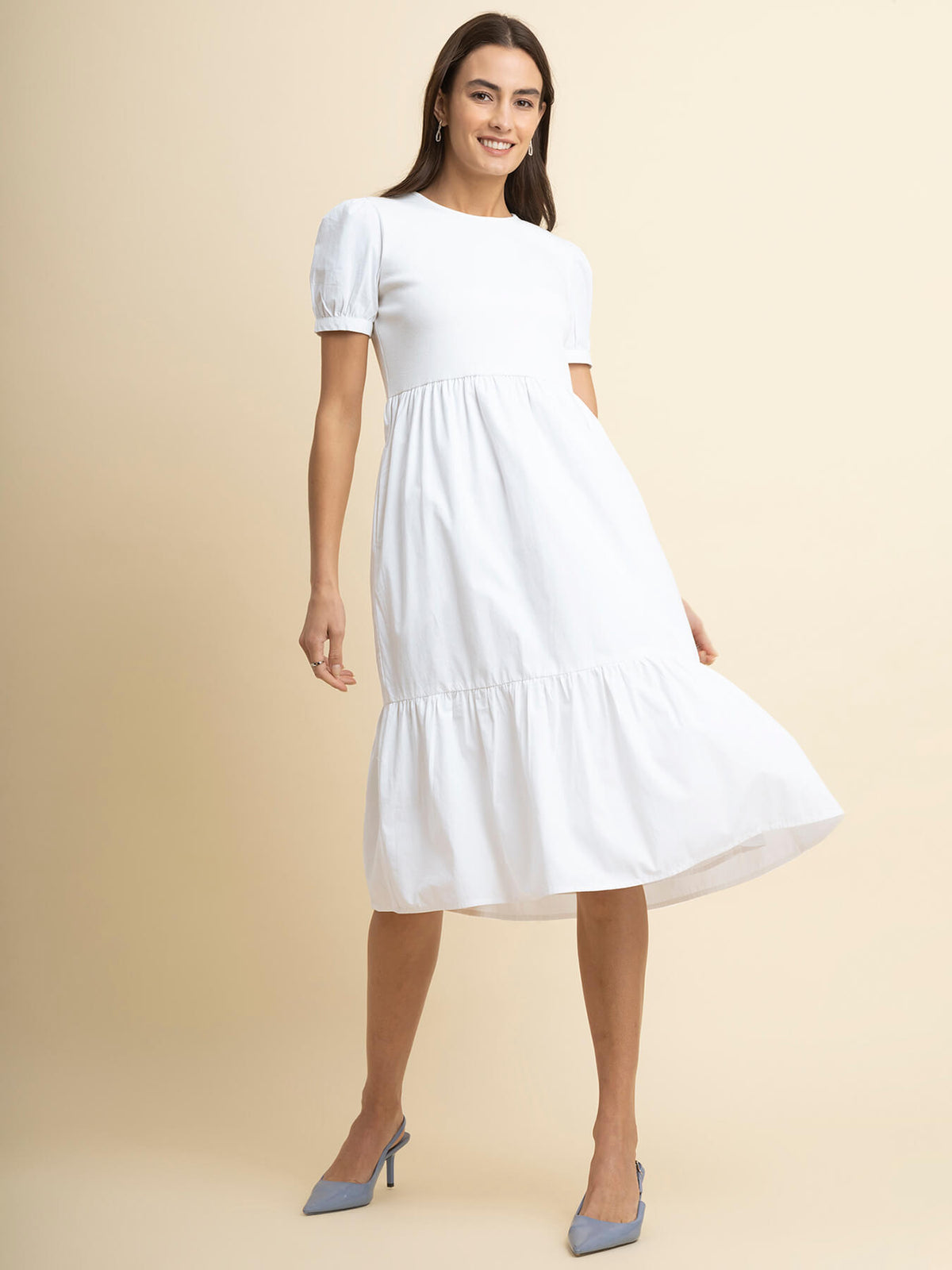 Cotton Puff Sleeves Tiered Dress - White