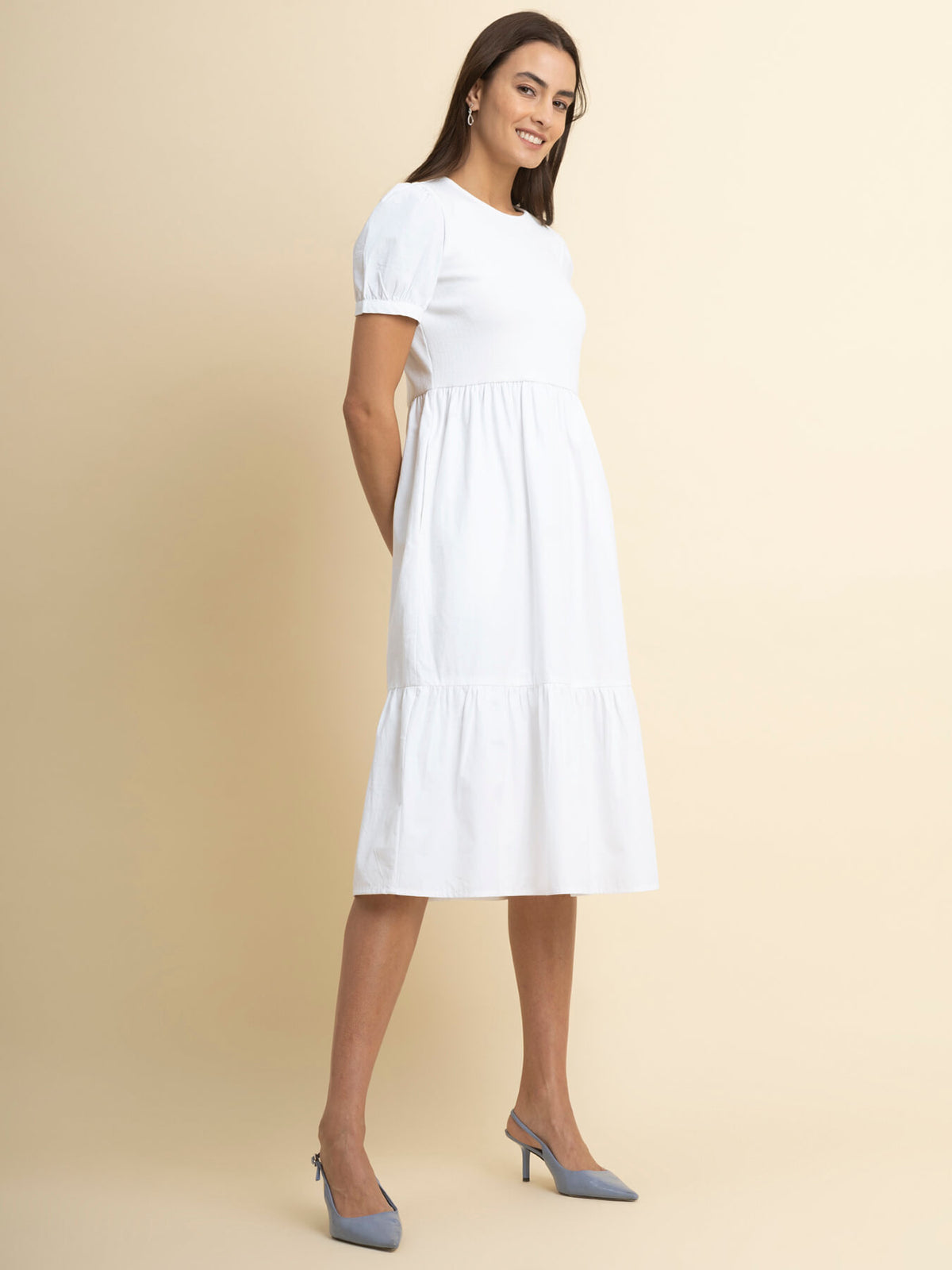 Cotton Puff Sleeves Tiered Dress - White