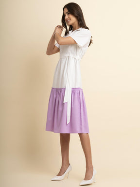 Cotton Colour Block Dress - White And Lilac