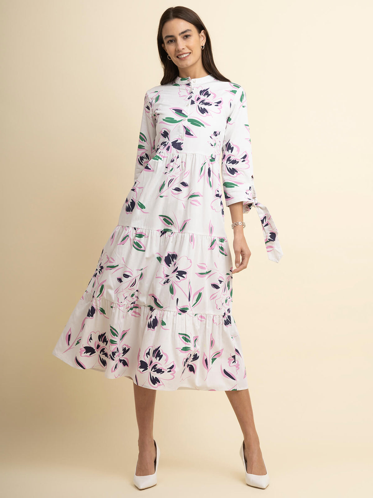 Cotton Floral Tiered Dress - White And Navy