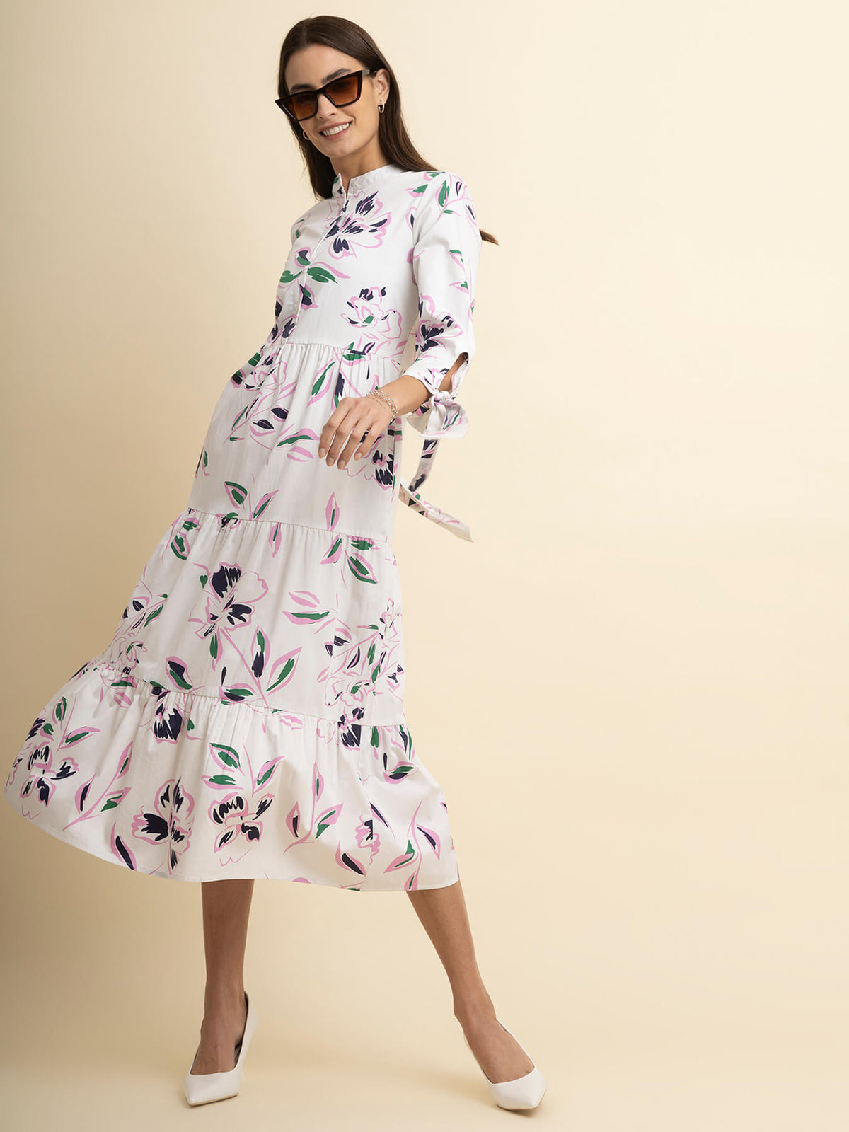 Cotton Floral Tiered Dress - White And Navy