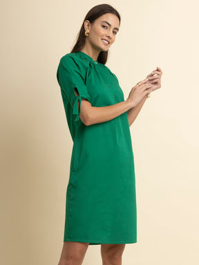 Cotton Tie-Up Sleeves Dress - Green