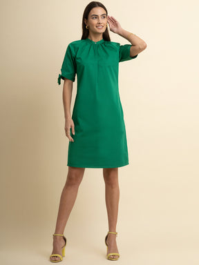 Cotton Tie-Up Sleeves Dress - Green