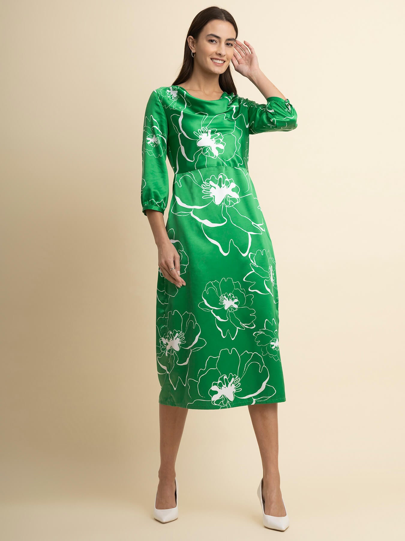 Satin Cowl Neck Dress - Green And White