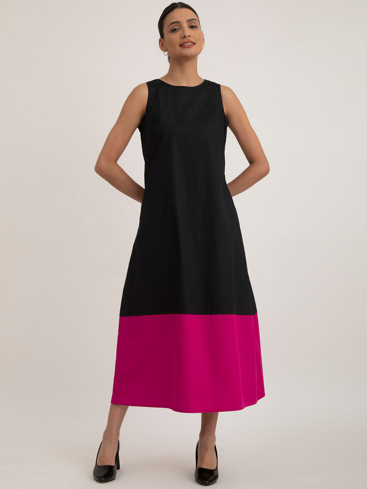 Cotton Poplin Colour Block Dress - Black And Fuchsia