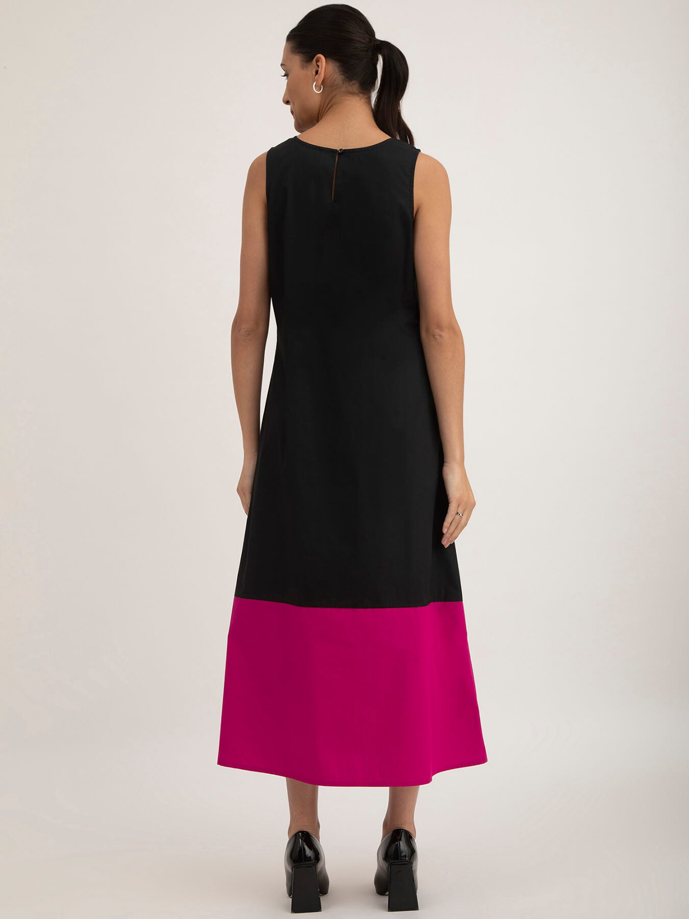 Cotton Poplin Colour Block Dress - Black And Fuchsia