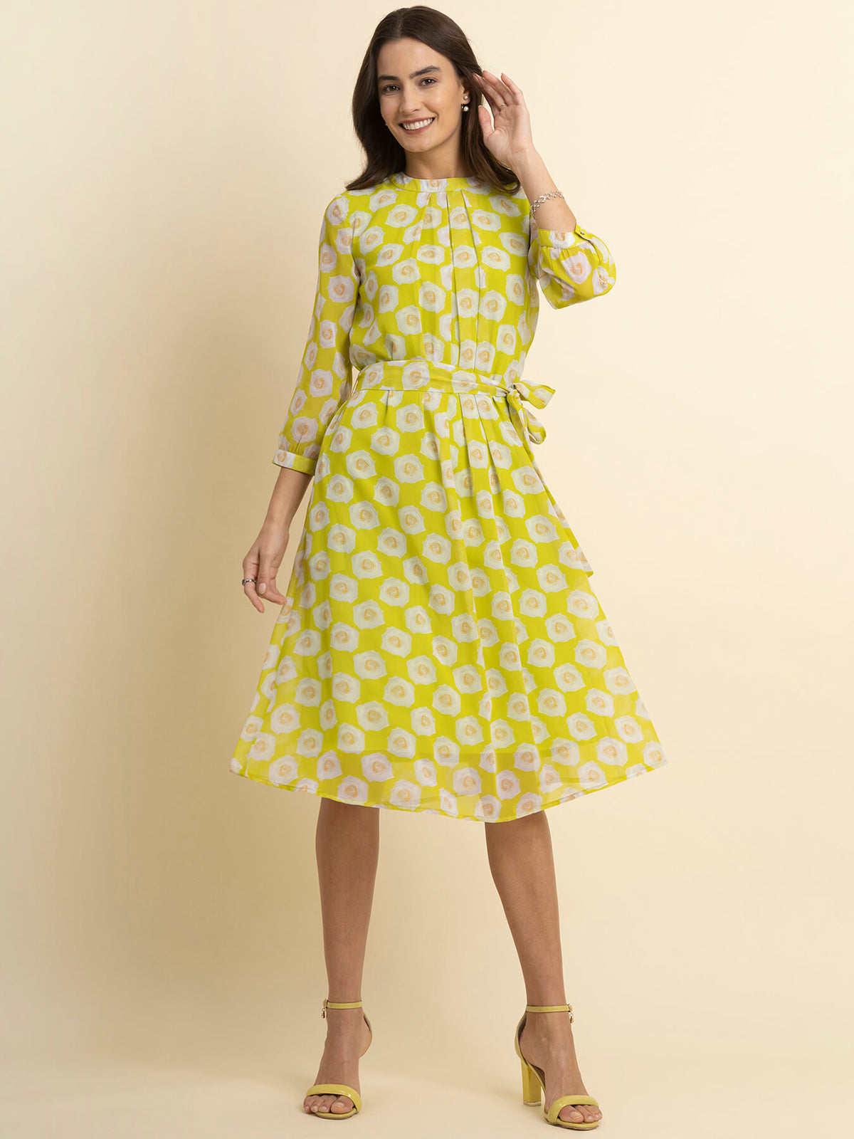 Georgette Floral A Line Dress - Acid Green and White