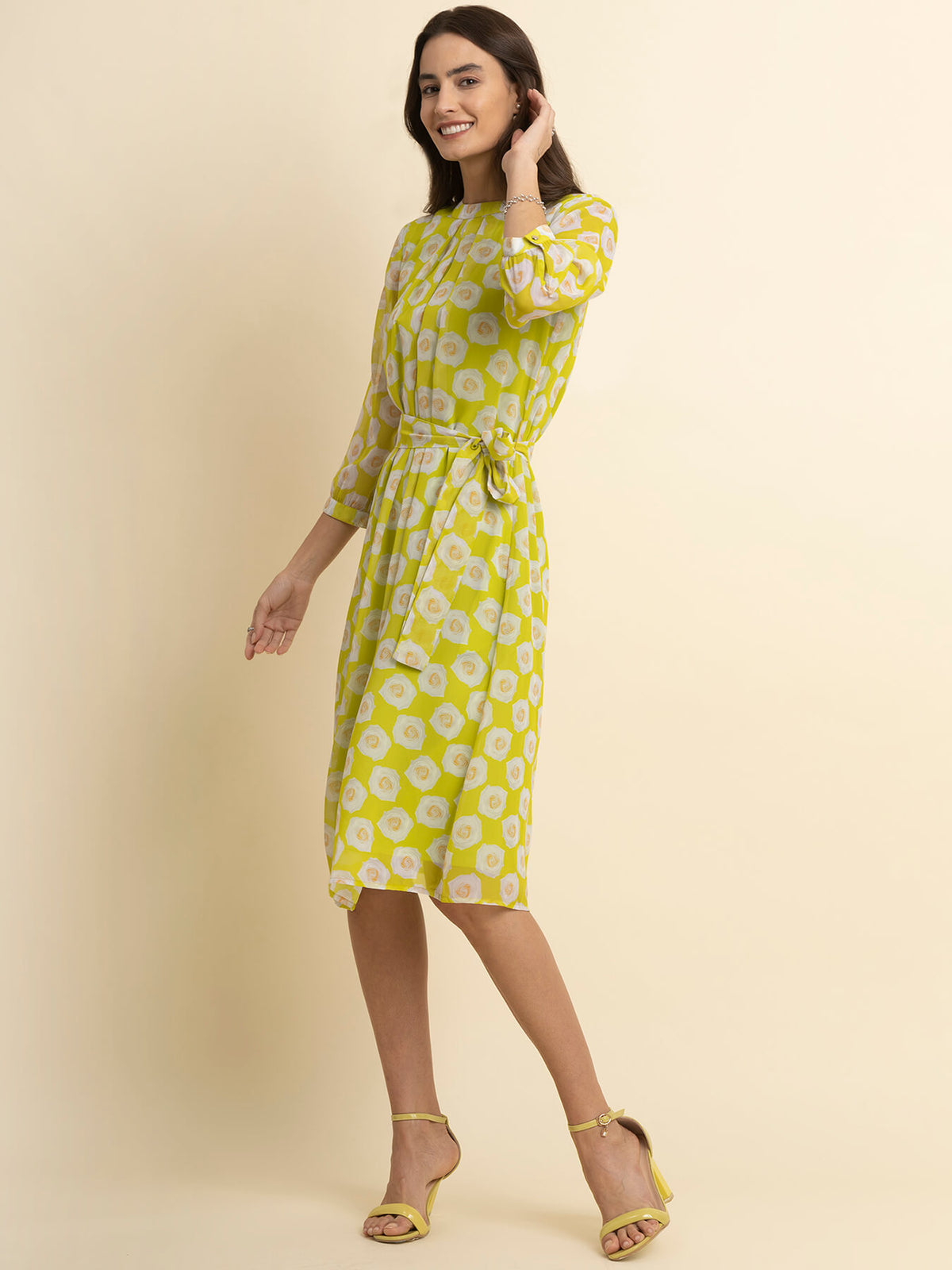 Georgette Floral A Line Dress - Acid Green and White