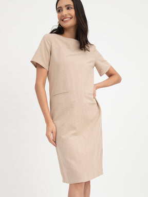 Linen Boat Neck Dress - Beige