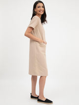 Linen Boat Neck Dress - Beige