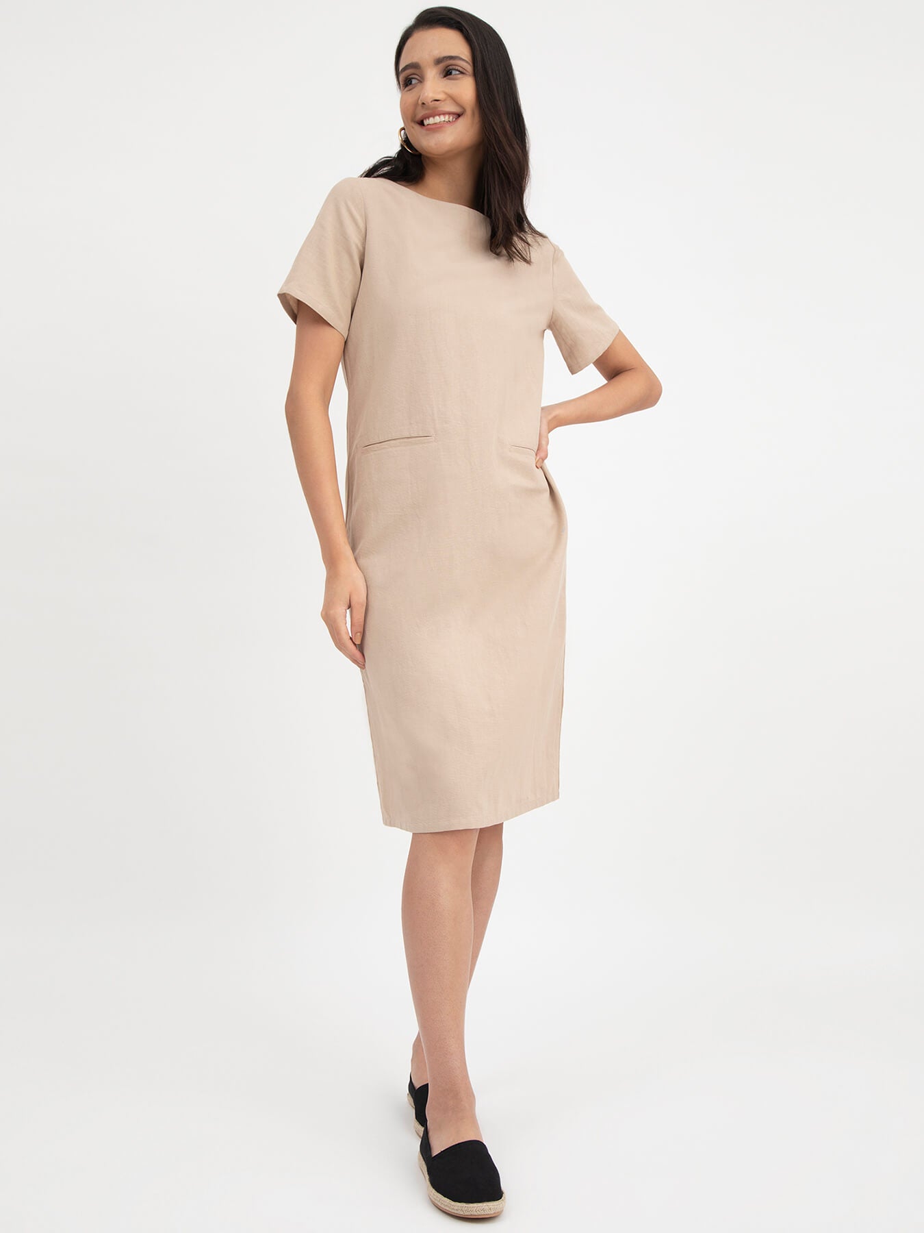 Linen Boat Neck Dress - Beige