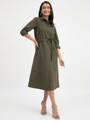 Linen Shirt Dress - Olive
