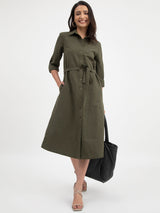Linen Shirt Dress - Olive