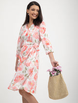 Floral Print Mandarin Neck Dress - White And Pink