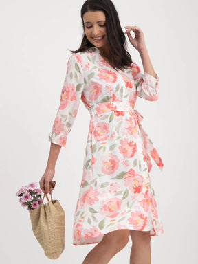 Floral Print Mandarin Neck Dress - White And Pink