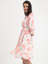 Floral Print Mandarin Neck Dress - White And Pink