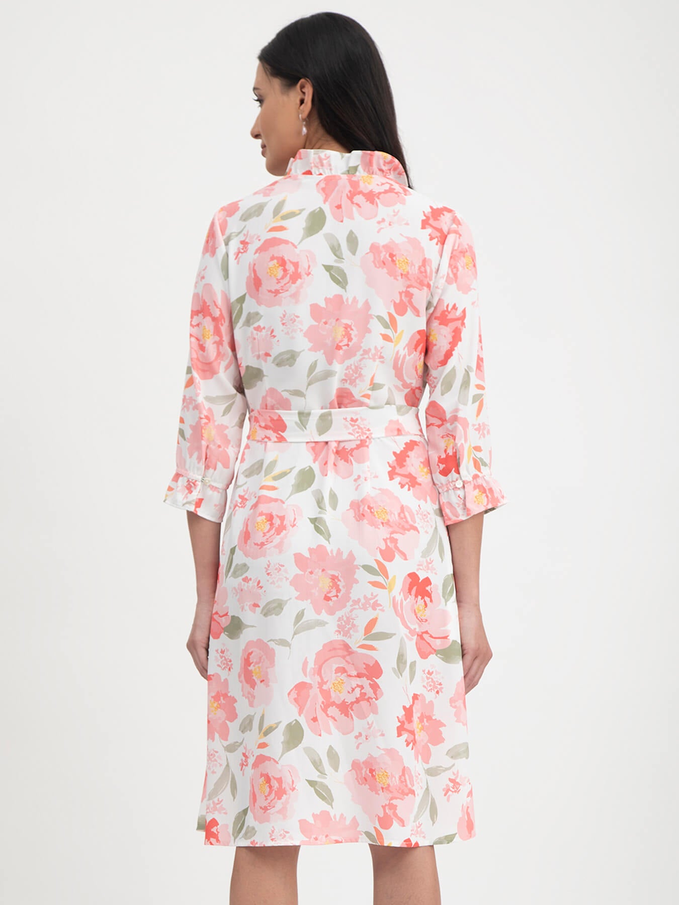 Floral Print Mandarin Neck Dress - White And Pink