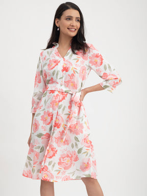 Floral Print Mandarin Neck Dress - White And Pink