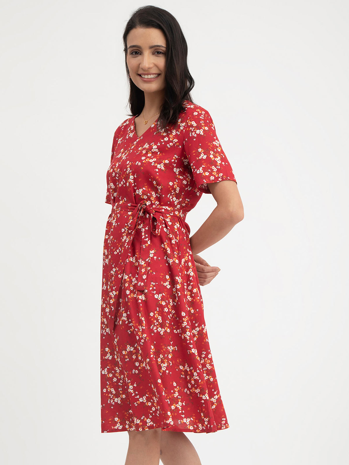 Floral Print Flared Dress - Red