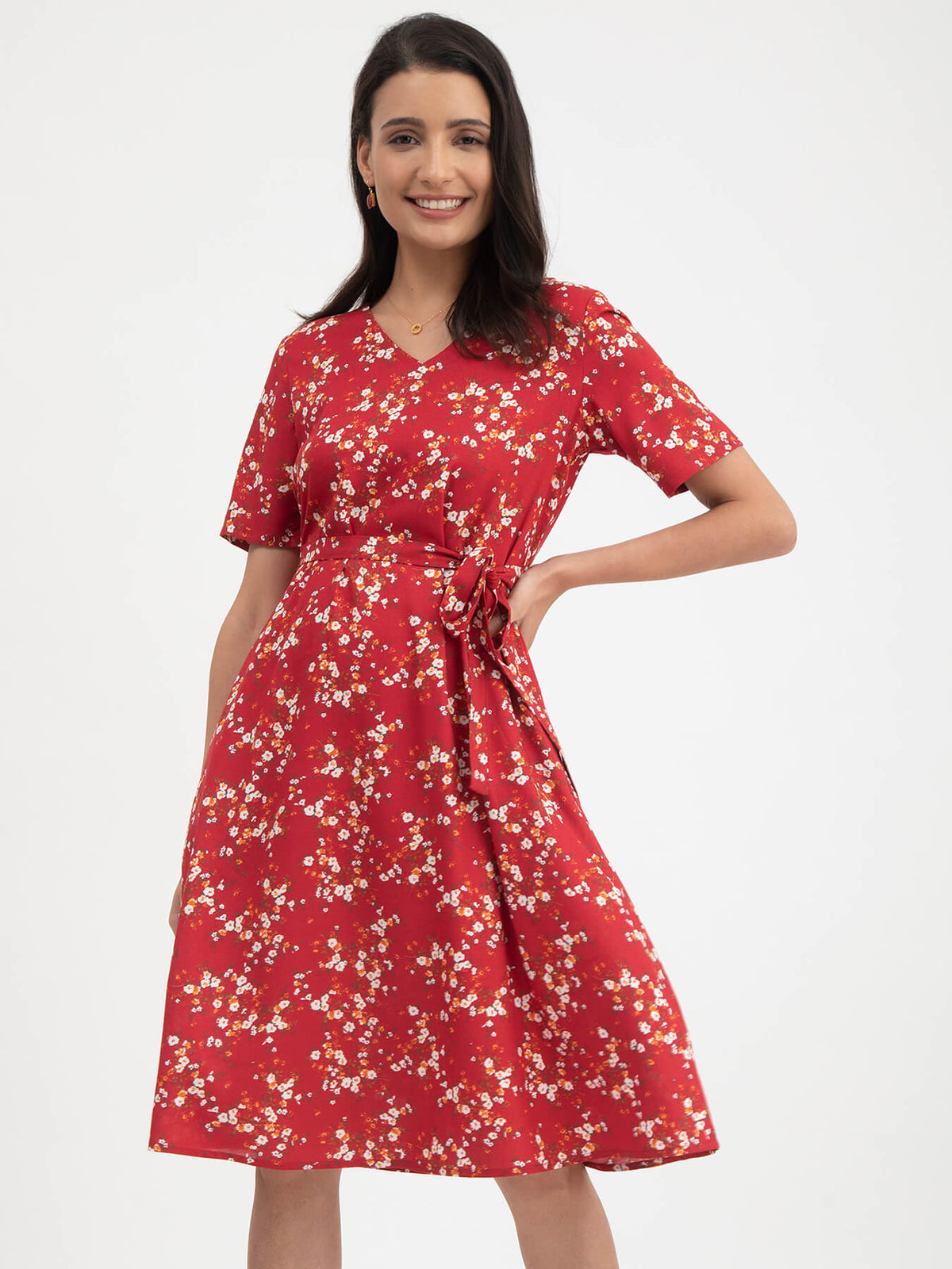 Floral Print Flared Dress - Red