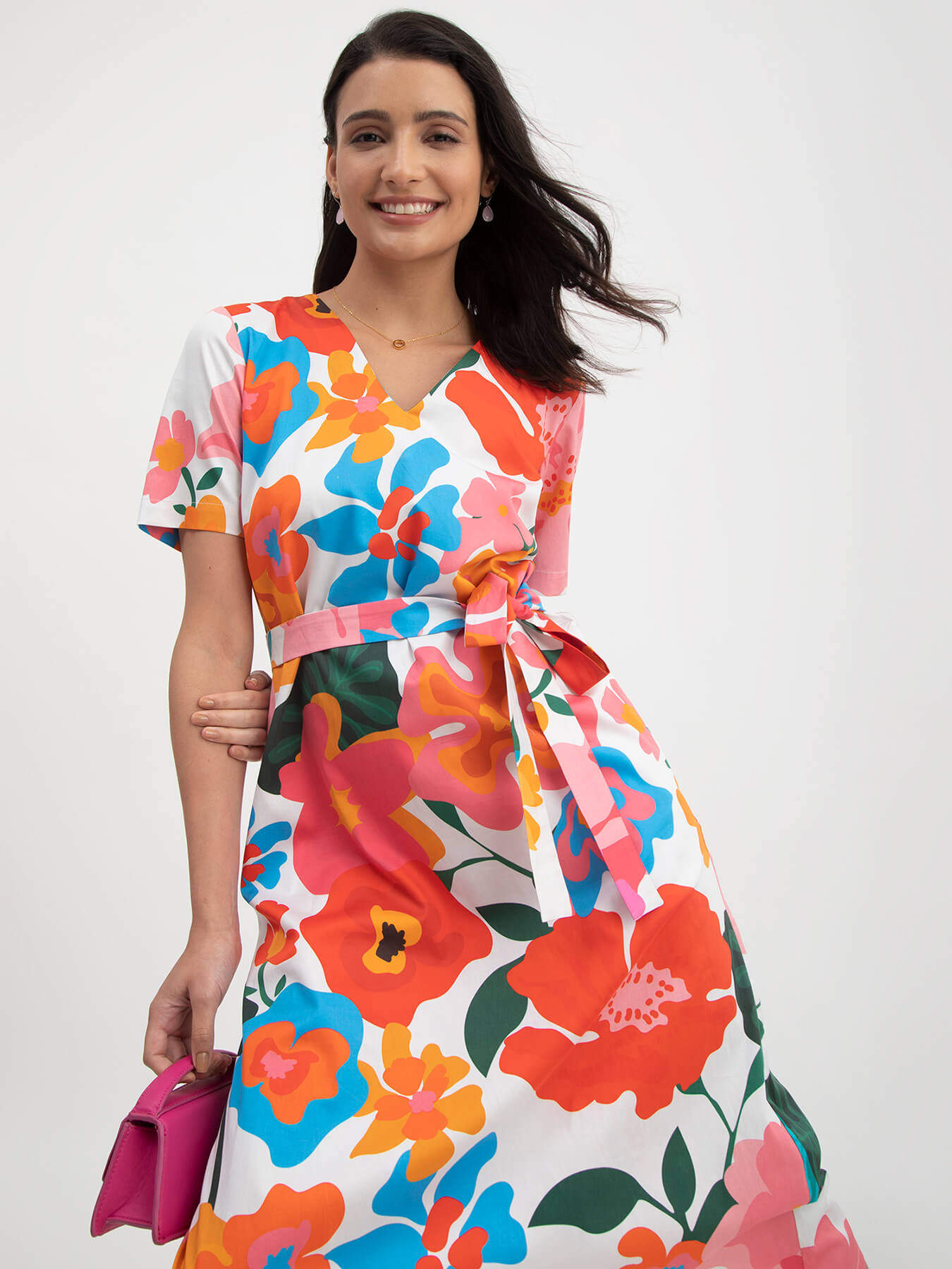 Cotton Satin Floral Print Dress - Multicolour