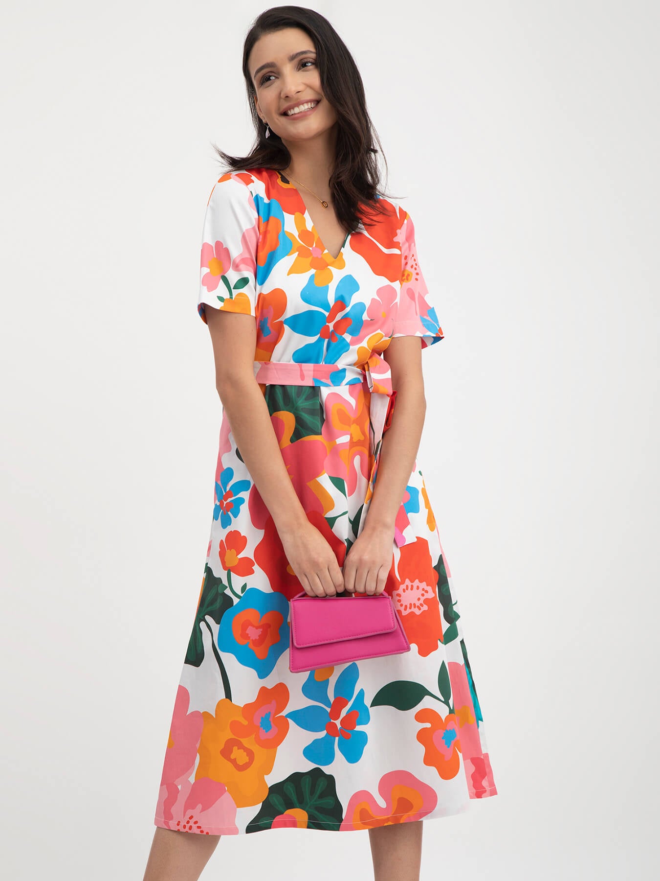 Cotton Satin Floral Print Dress - Multicolour