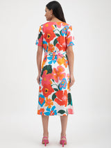 Cotton Satin Floral Print Dress - Multicolour