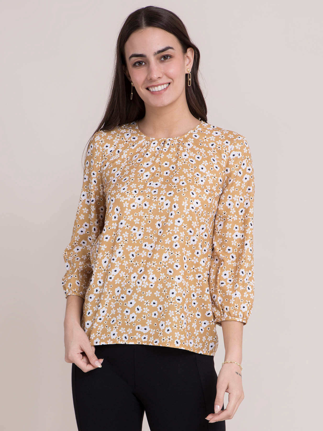 Ditsy Floral Print Top - Mustard and White