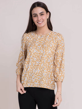 Ditsy Floral Print Top - Mustard and White