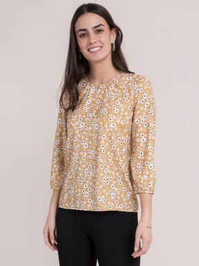 Ditsy Floral Print Top - Mustard and White