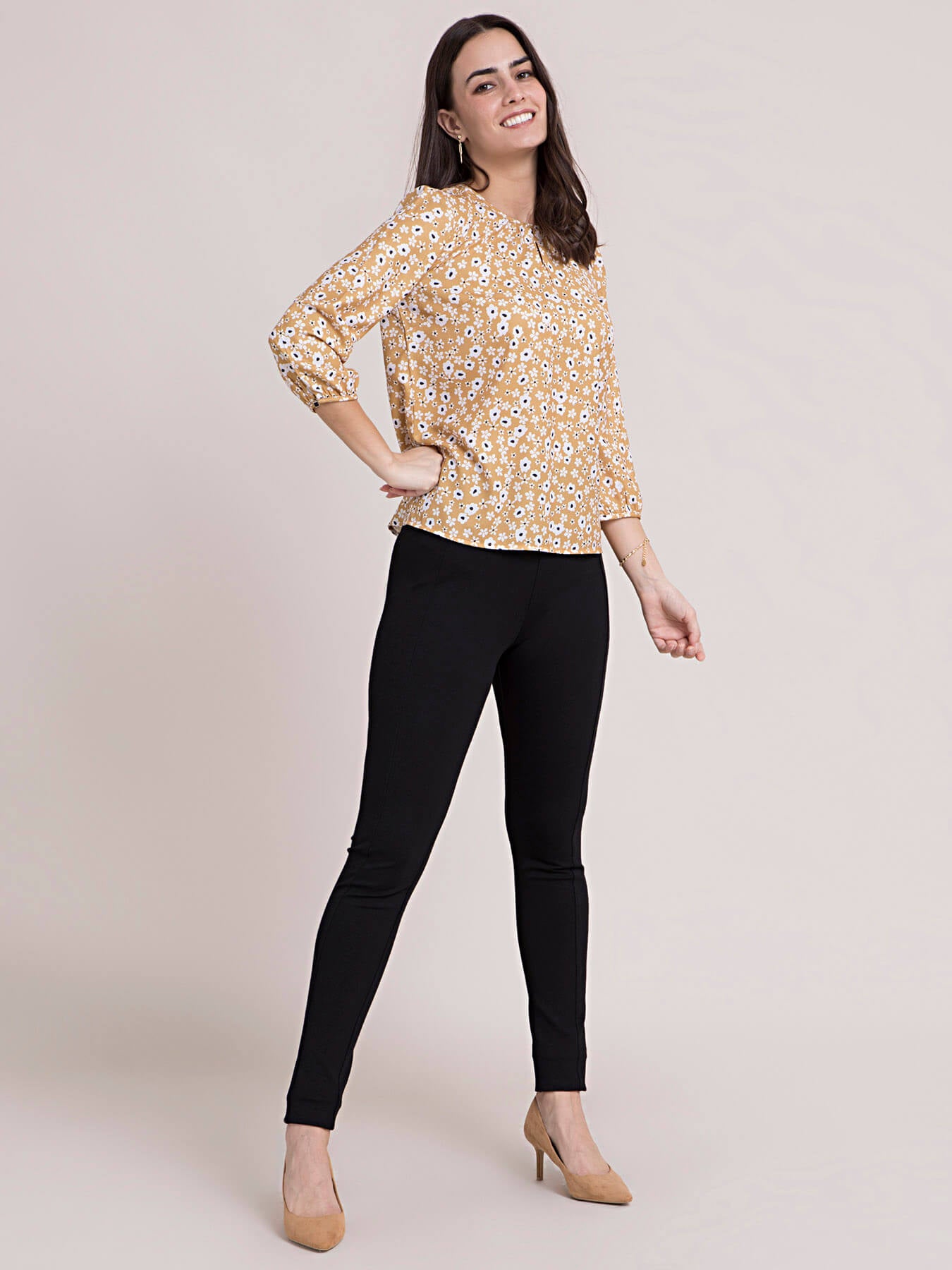 Ditsy Floral Print Top - Mustard and White