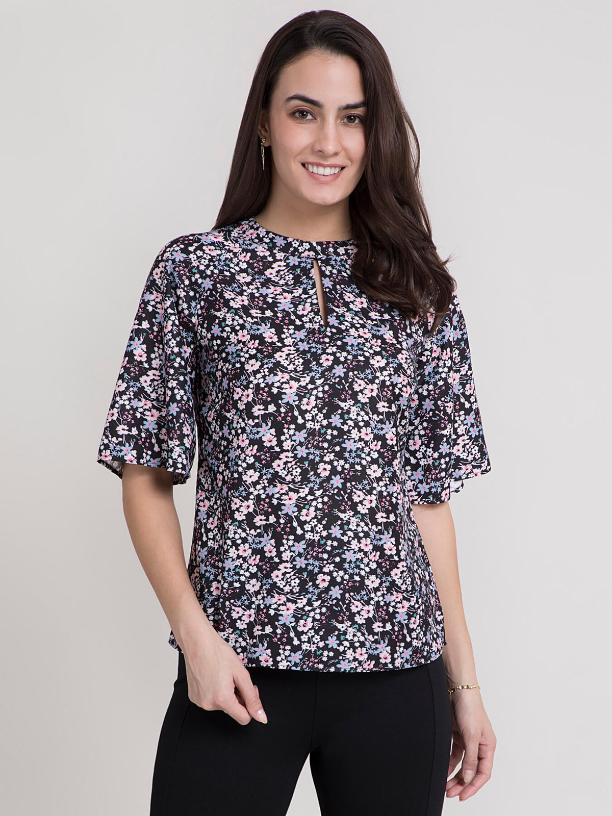 Ditsy Floral Round Neck Top - Black and Pink