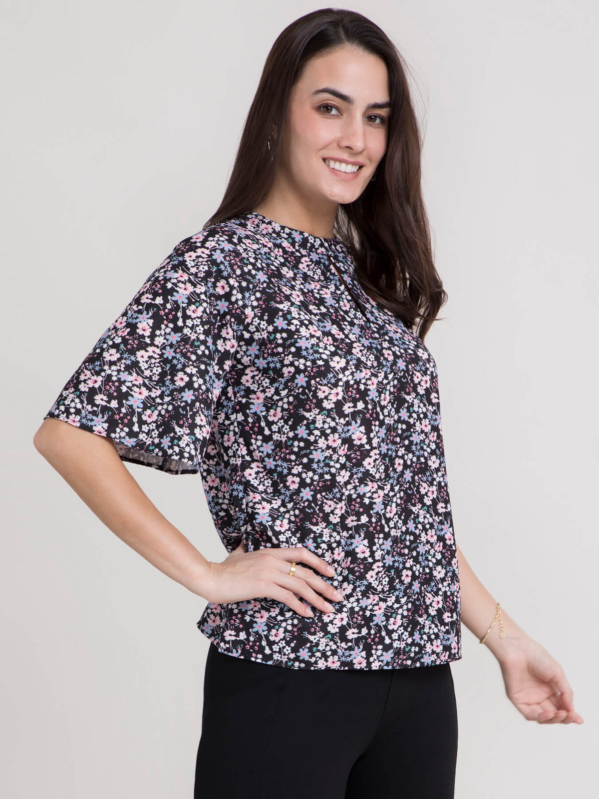 Ditsy Floral Round Neck Top - Black and Pink