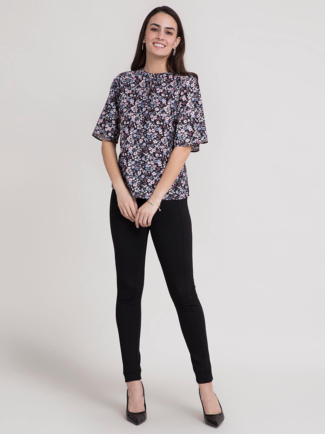 Ditsy Floral Round Neck Top - Black and Pink