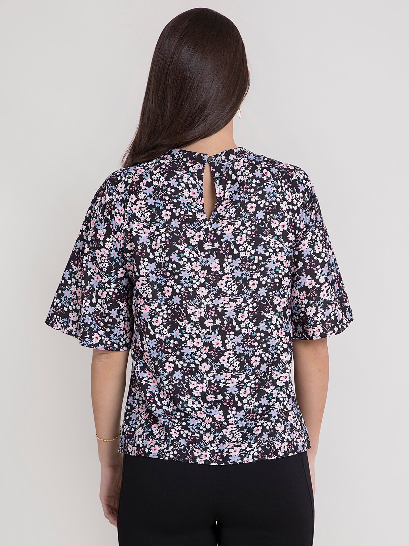 Ditsy Floral Round Neck Top - Black and Pink