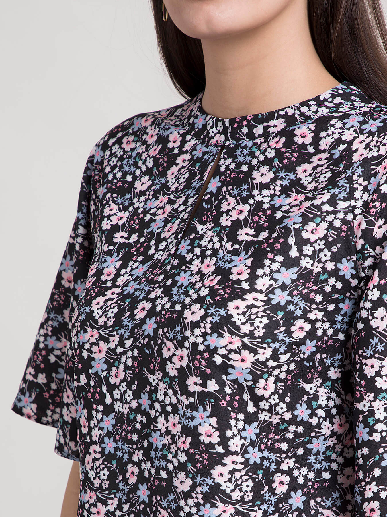 Ditsy Floral Round Neck Top - Black and Pink