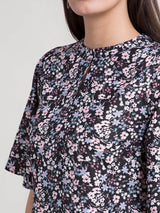 Ditsy Floral Round Neck Top - Black and Pink