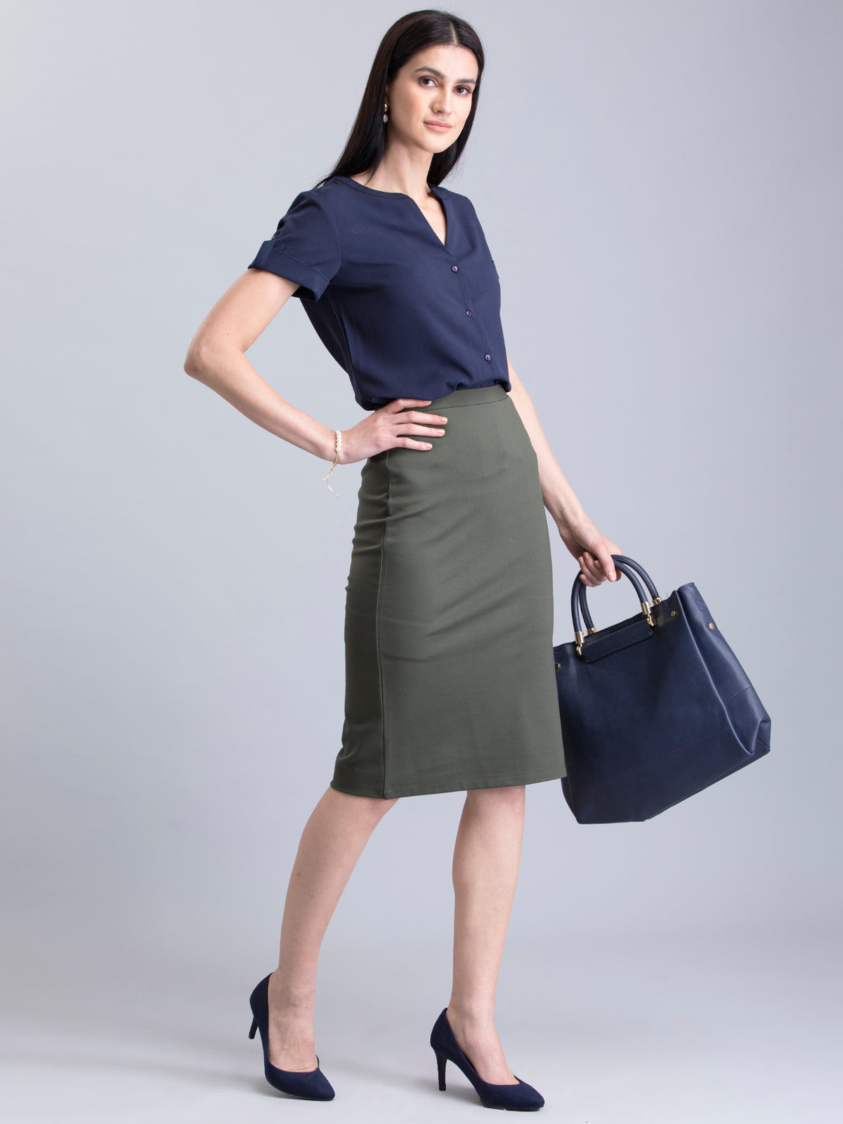 Elasticated Knitted Pencil Skirt - Olive