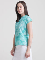 High Neck Marble Print Drop Shoulder Top - Aqua