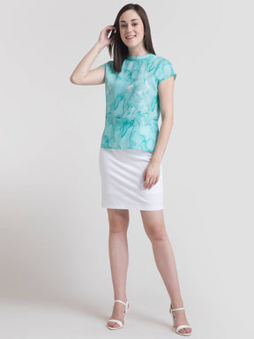 High Neck Marble Print Drop Shoulder Top - Aqua