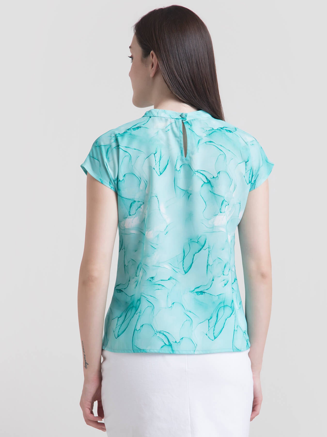 High Neck Marble Print Drop Shoulder Top - Aqua